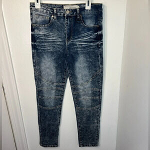 Refinery Republic W29 blue acid wash 5pocket button zip stretch moto style denim